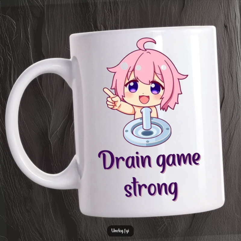 Funny mug featuring a triumphant character proudly pointing at a perfectly spotless drain, celebrating cleanliness.