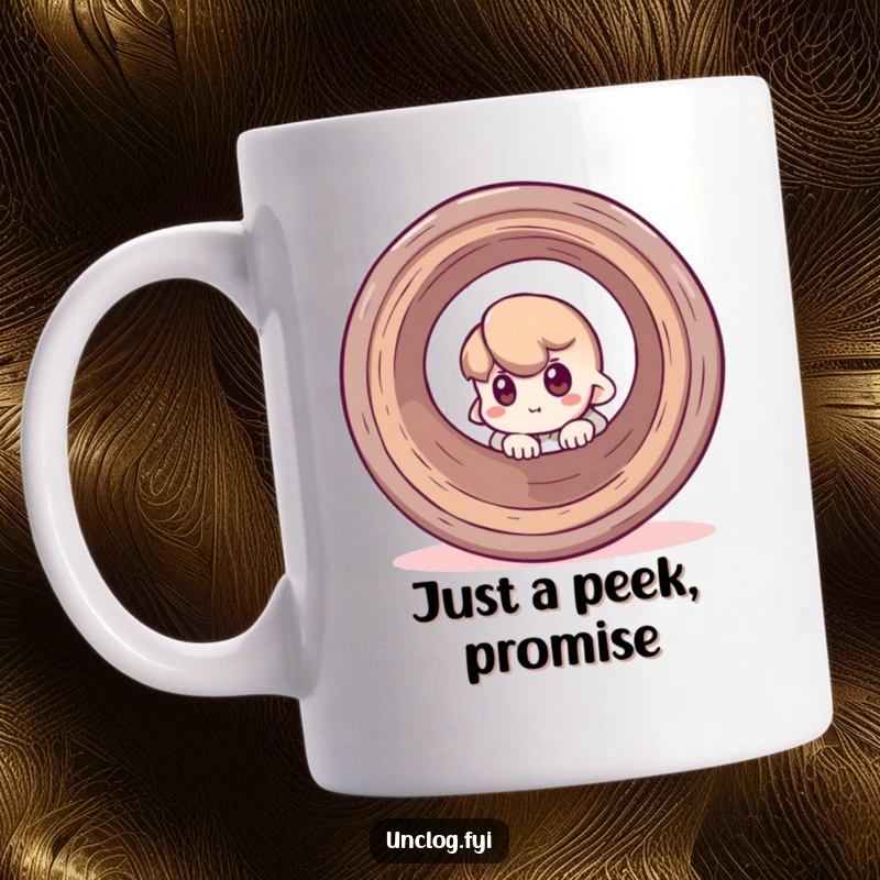 Funny mug featuring a cute character peeking around a large round pipe with a wonderfully curious and mischievous expression.