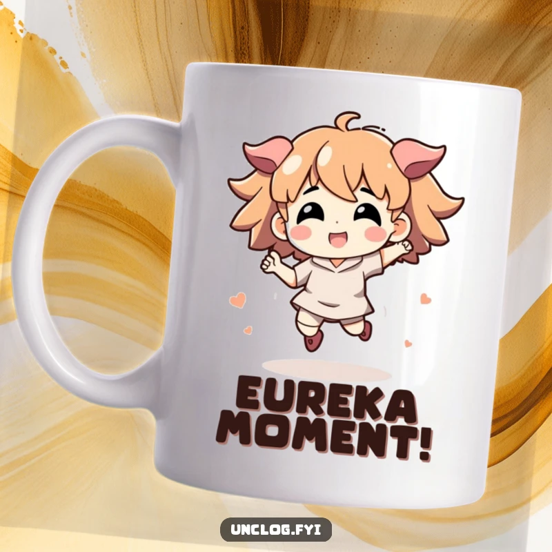 Funny mug showing an energetic character jumping high, symbolizing a 'eureka' moment and problem-solving success.