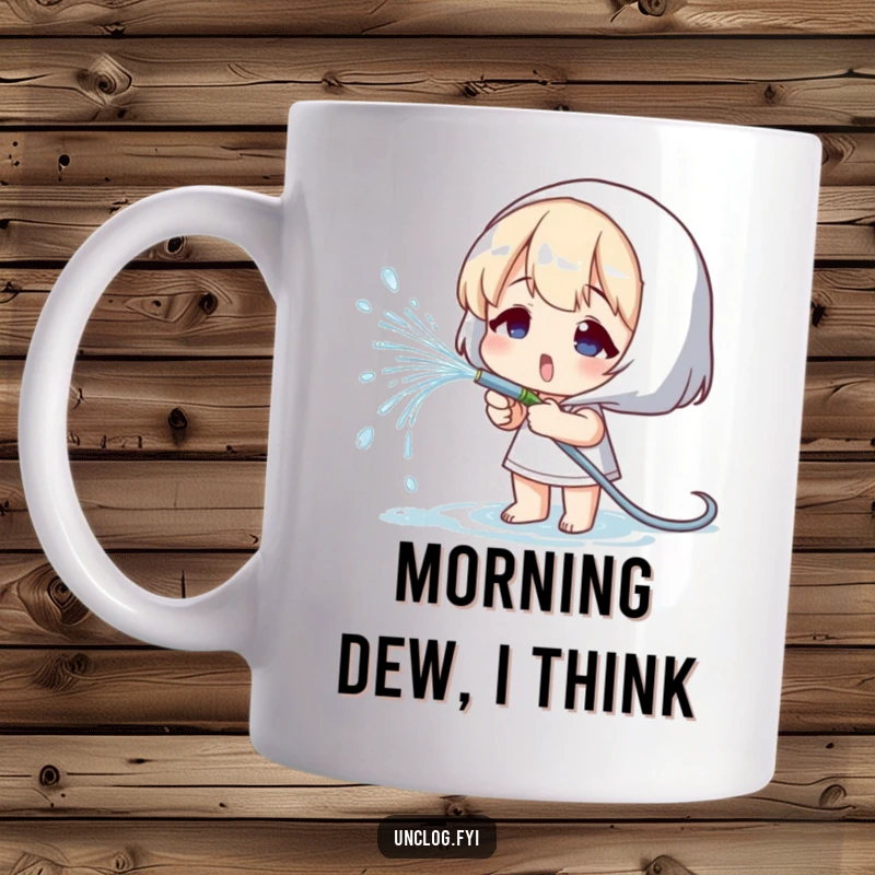 Funny mug with a character playfully spraying water from a small hose, designed for gardeners.