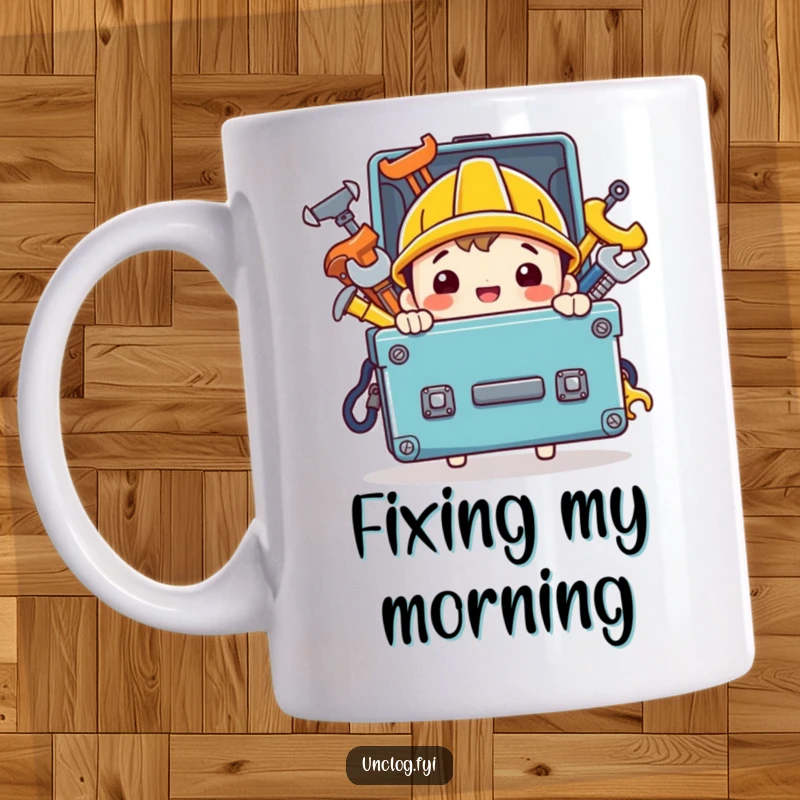 Funny mug showing a happy character confidently carrying a toolbox overflowing with shiny, assorted tools, ready for any project.