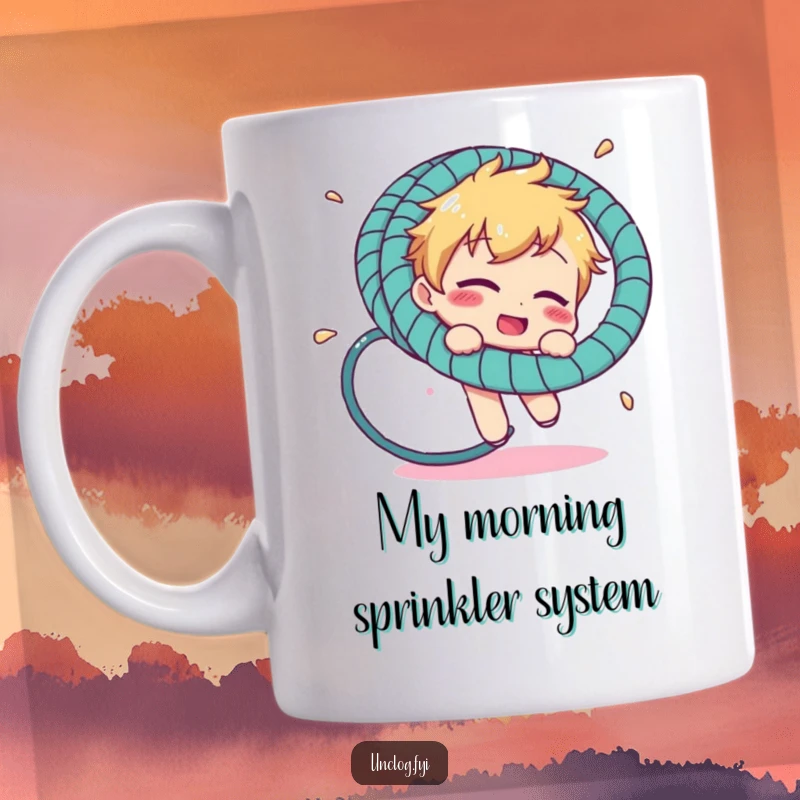 Funny mug showcasing a character comically tangled and struggling with a garden hosepipe, perfect for adding humor to any kitchen.