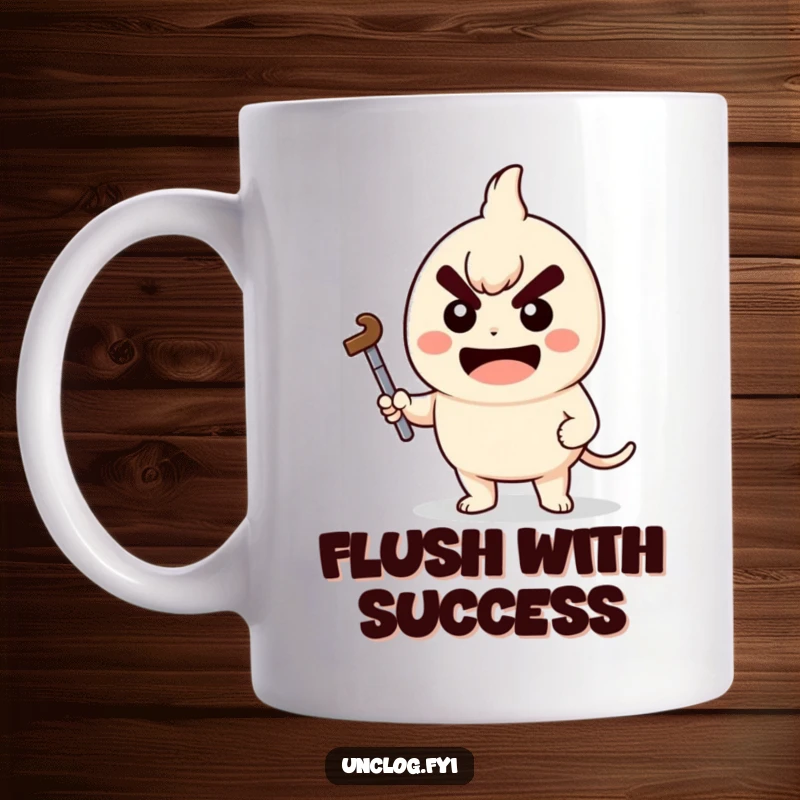 Funny Kawaii character holding a plunger with a determined grin, showing resolve and readiness for any task.