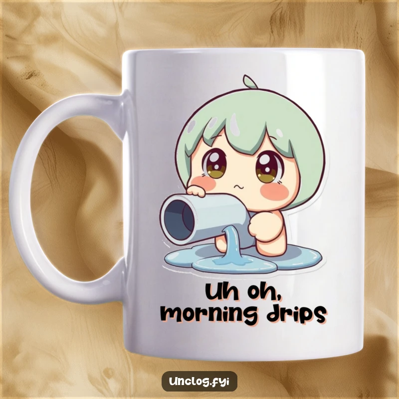 Funny Leaky Pipe Reaction Mug showing a character with wide eyes in shock at a dripping pipe, perfect funny gift for homeowners.