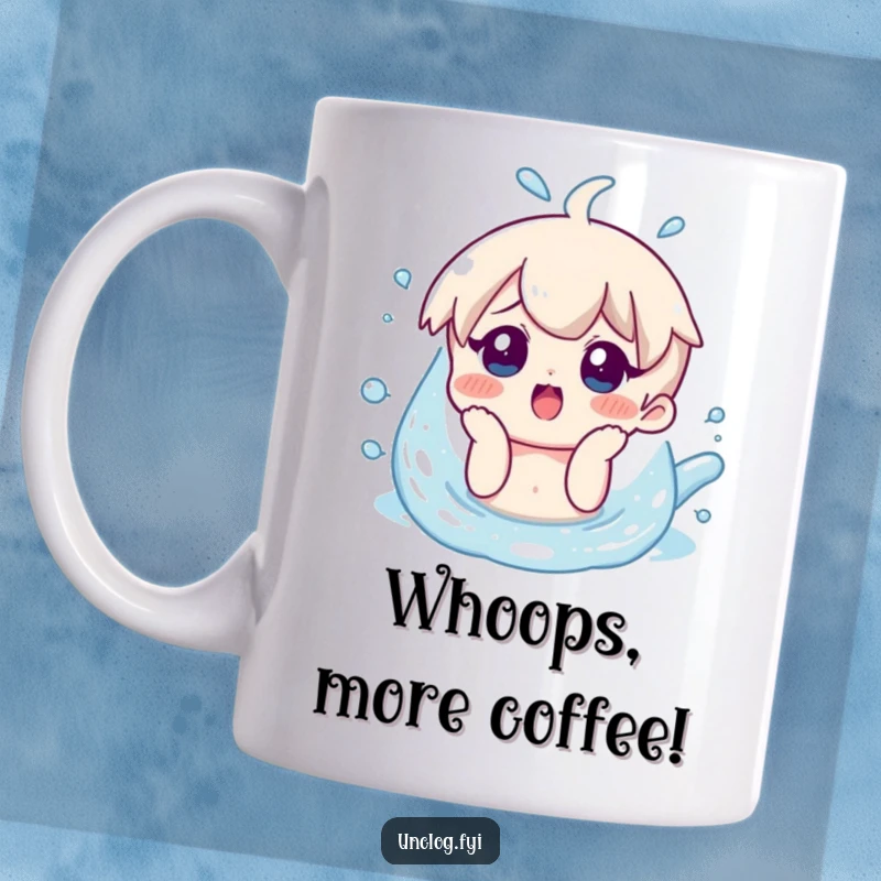 Funny mug featuring a character with a surprised smile looking wide-eyed at overflowing water, depicting a comical situation.