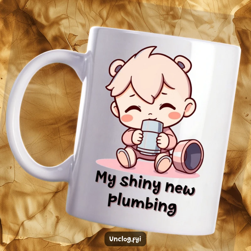 Funny Mug depicting a proud character beaming while holding a brand new, shiny pipe fitting, embodying a love for tools and mechanical wonders.