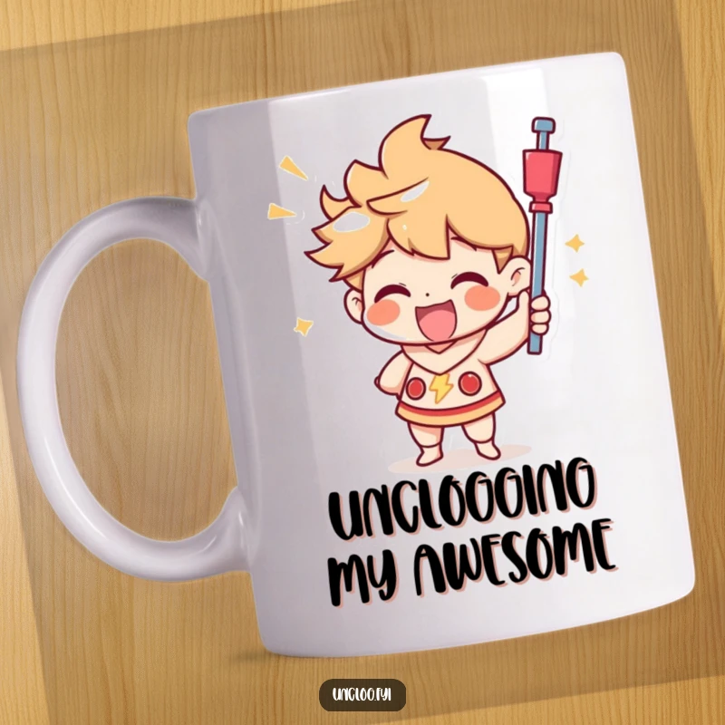 Funny mug showing a character joyfully using a plunger with a triumphant expression, celebrating a successful unclogging mission with glee.