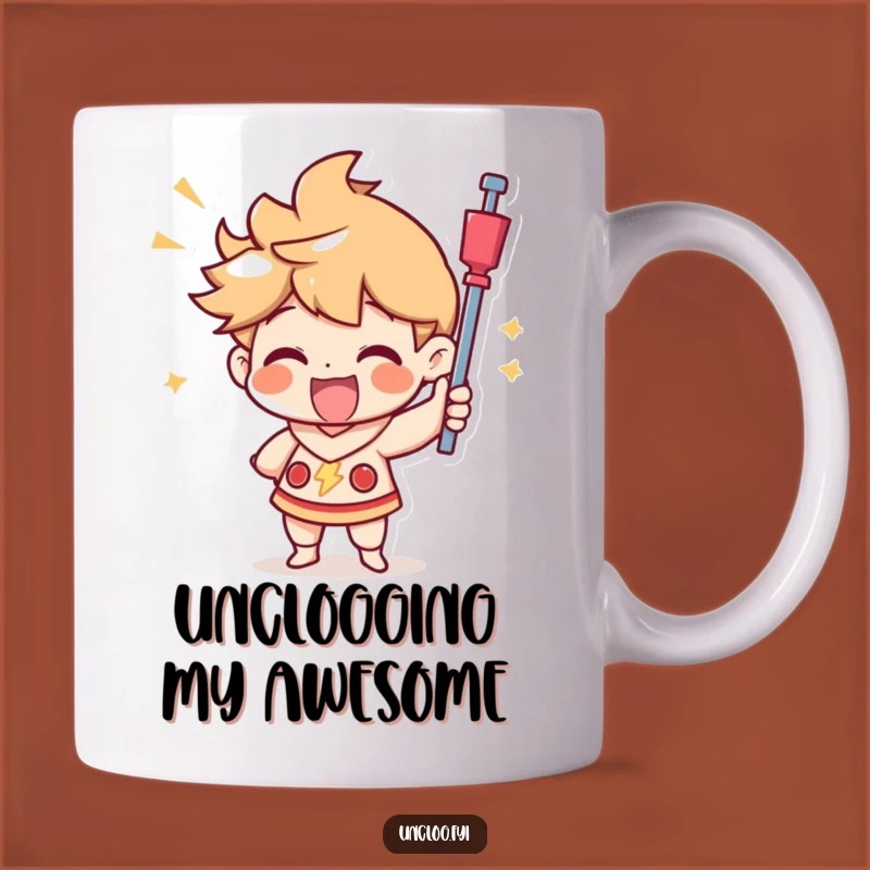 Funny Plunger Hero Mug: Triumphant Character's Joyful Unclogging, Perfect Funny Gift