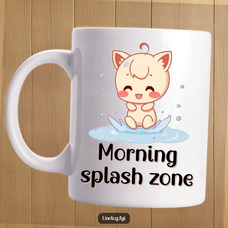 Funny Mug depicting a cheerful character gleefully splashing in a puddle, radiating pure fun and a love for rainy day adventures.