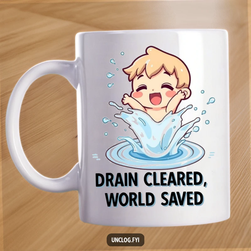 Funny character joyfully splashing water from a successfully unclogged drain on a mug, expressing relief and accomplishment.