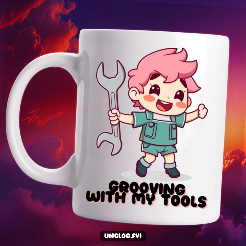 Funny character happily dancing with a wrench as a partner on a mug, embodying enthusiasm for mechanics and repairs.