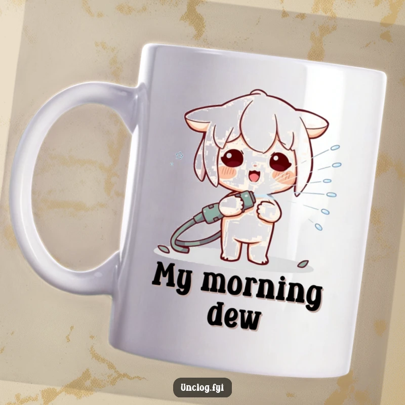 Funny Kawaii character joyfully spraying water from a hose, bringing a playful and refreshing vibe to this mug design.