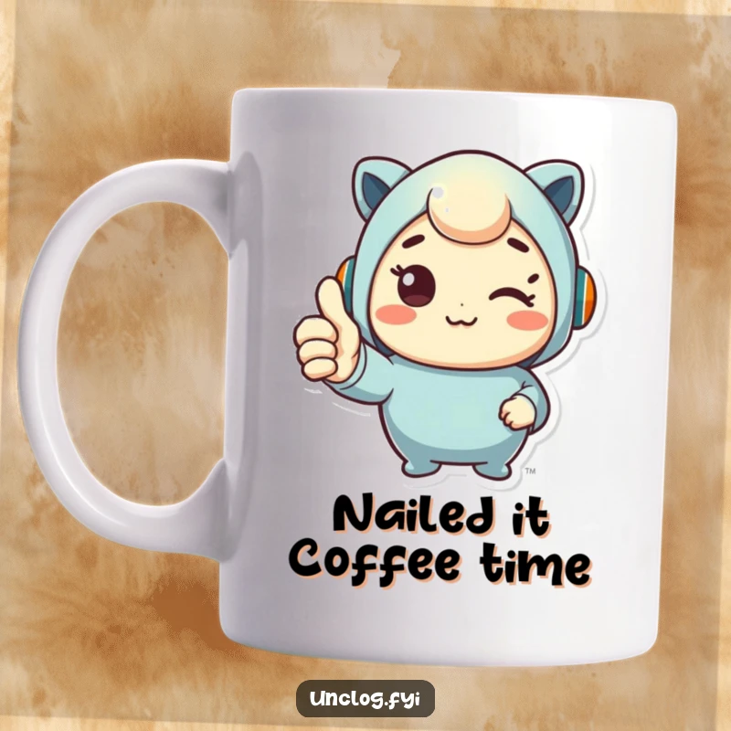 Funny mug featuring a cute character giving a satisfied thumbs up after a successful fix, celebrating achievement.