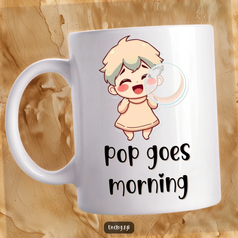 Funny Mug featuring a character happily blowing a large, triumphant bubble, embodying pure joy, optimism, and lightheartedness.