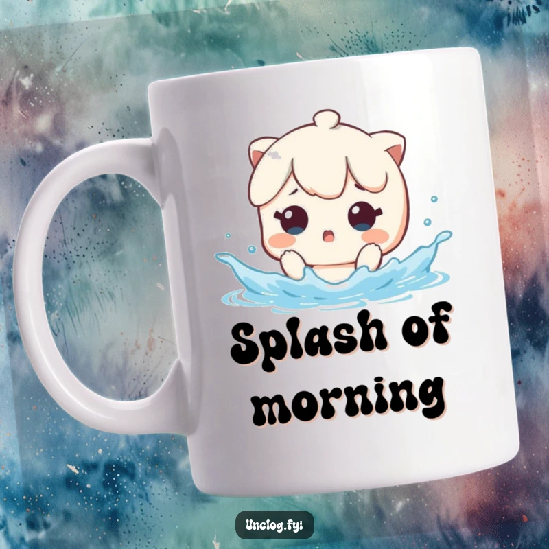 Funny Kawaii character looking surprised by a sudden water splash, capturing a moment of comical shock and wetness.
