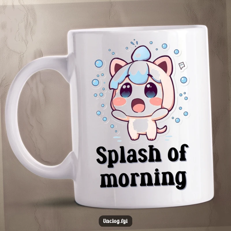 Funny kawaii mug showing a cute character with a surprised expression as water sprays out everywhere.