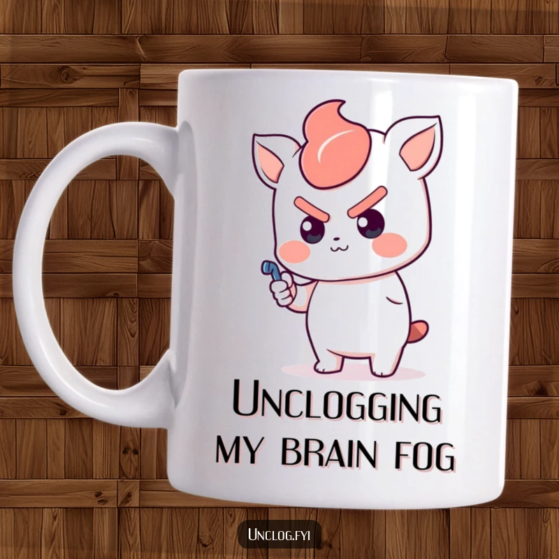 Funny Kawaii Mug with a determined character pushing a plunger with all their might, symbolizing perseverance and tackling problems.