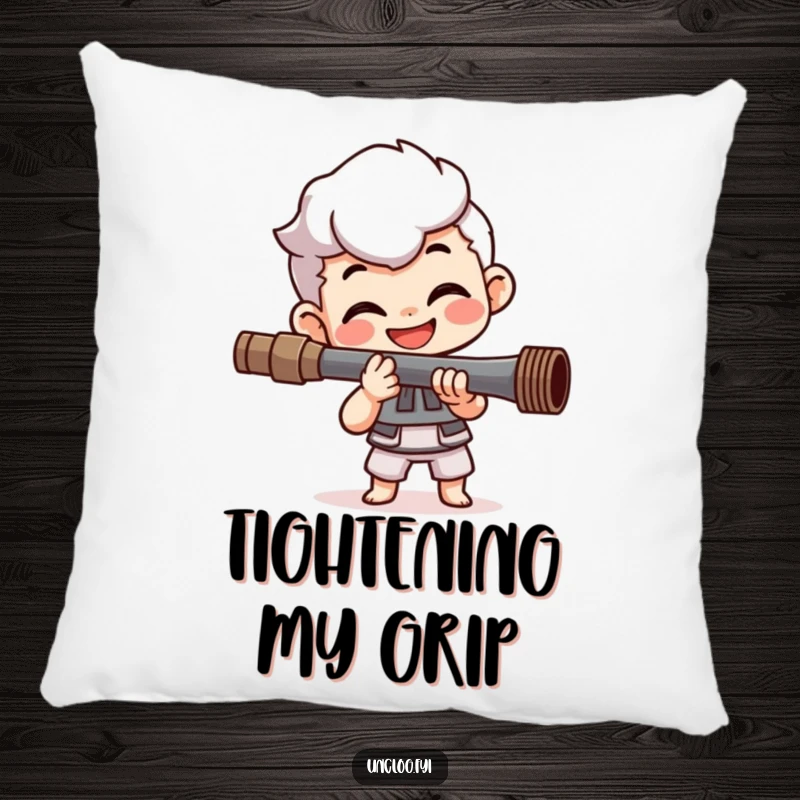 Funny pillow with a colorful design of a smiling character showing happy determination while expertly tightening a pipe, offering comfort and humor.