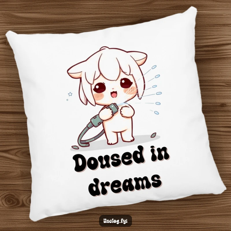 Funny Kawaii character happily spraying a hose, making this soft pillow a delightful and humorous addition to any cozy space.