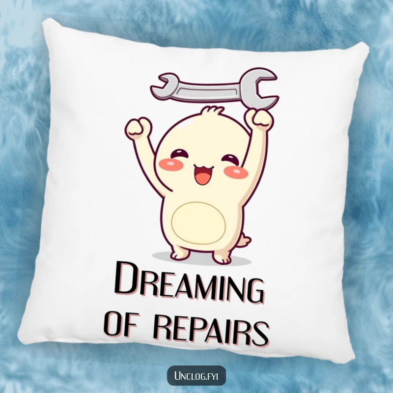 Funny Kawaii pillow with a joyful character holding a wrench overhead, offering a soft, cute, and humorous touch to any seating area.