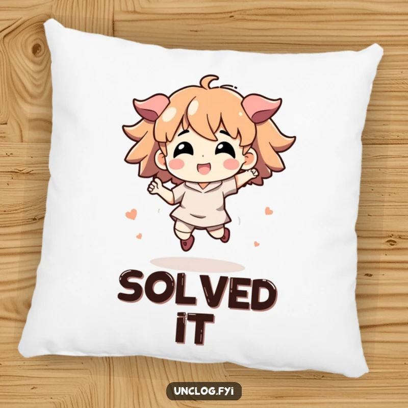 Funny pillow featuring an energetic character in a celebratory jump, representing the joy of finding a solution.