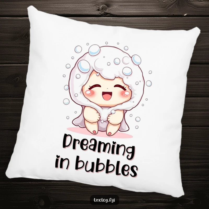 Funny pillow featuring a cute character happily covered in harmless, soapy bubbles, giggling with pure, unadulterated bath time joy.