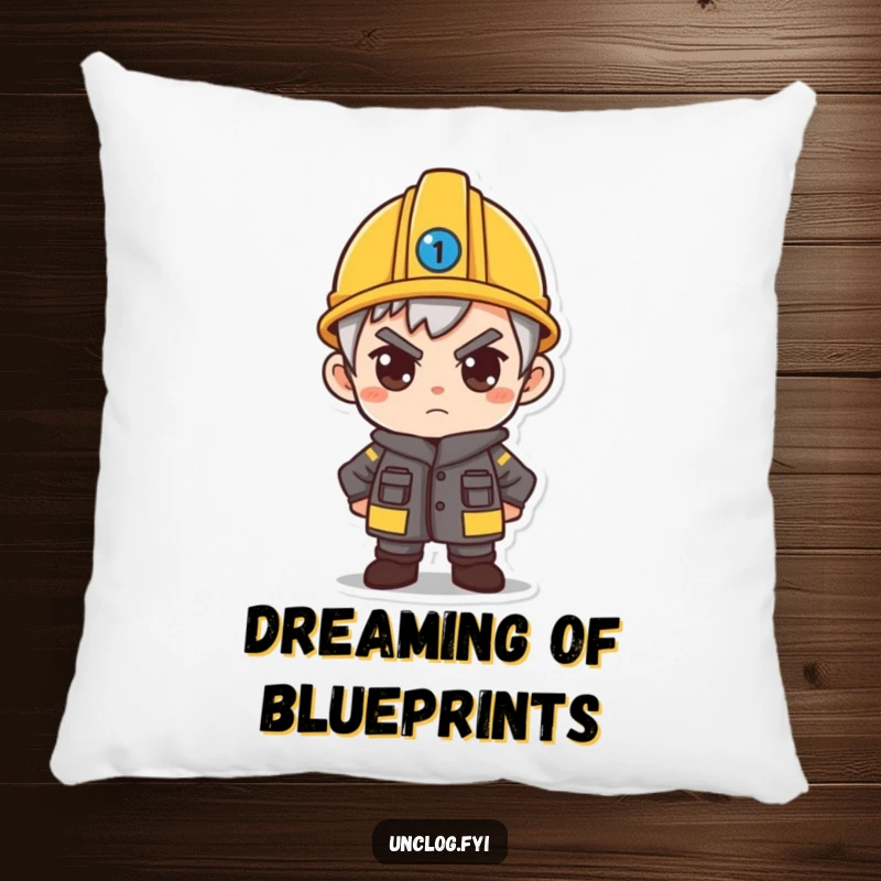 Funny pillow featuring a character wearing a small hard hat, looking determined and ready to take on the world.