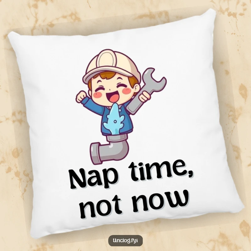 Funny pillow featuring a cute character gleefully holding a wrench above a gushing pipe icon, offering cozy comfort and humor.