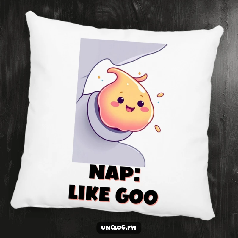 Funny Pillow featuring a smiling blob of colorful goo making a swift, humorous exit from a pipe.