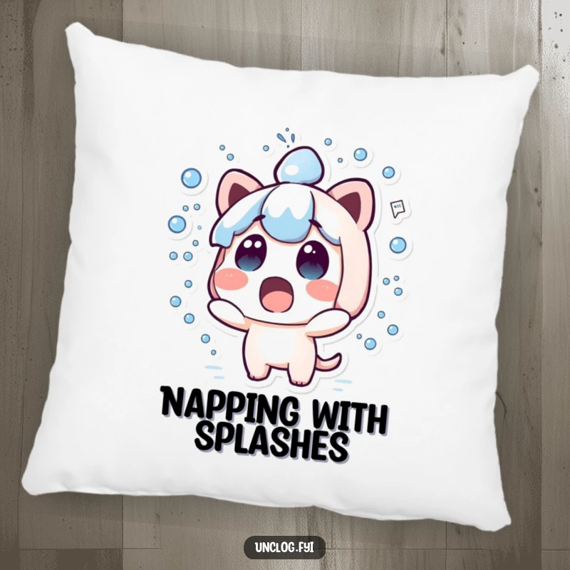 Funny kawaii pillow showing a cute surprised character with water spraying out all over.