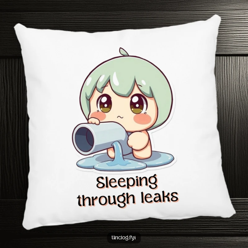 Funny Leaky Pipe Reaction Pillow showing a character with wide eyes looking at a leaky pipe, offering cozy, relatable comfort, ideal funny gift.