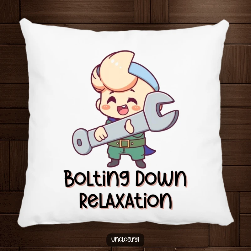Funny pillow showing a character happily tightening a large bolt with a wrench, looking fulfilled.
