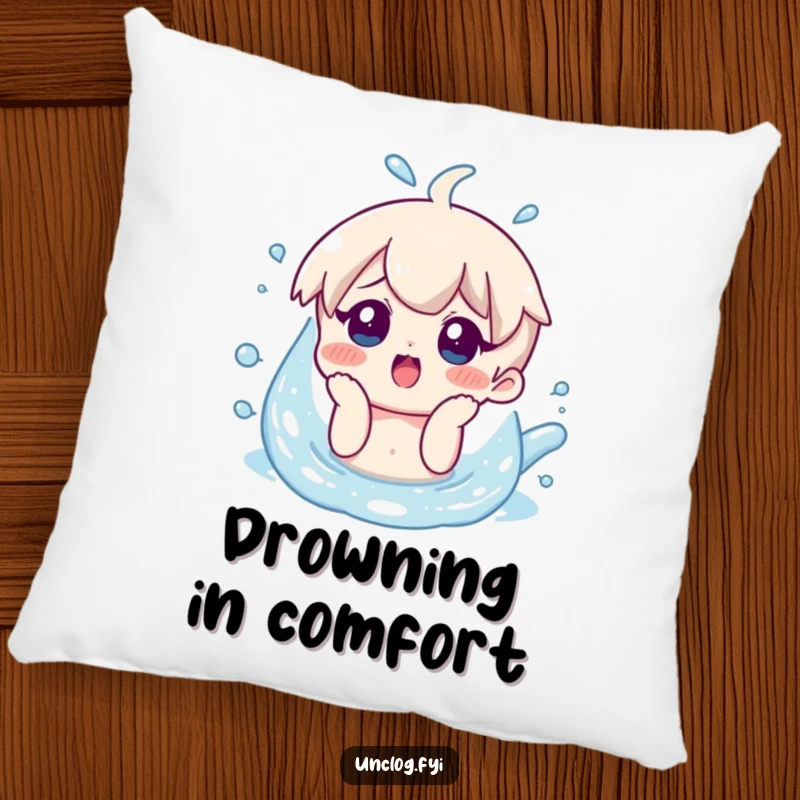 Funny pillow featuring a character with a surprised smile looking at overflowing water, offering cozy comfort and comical relief.