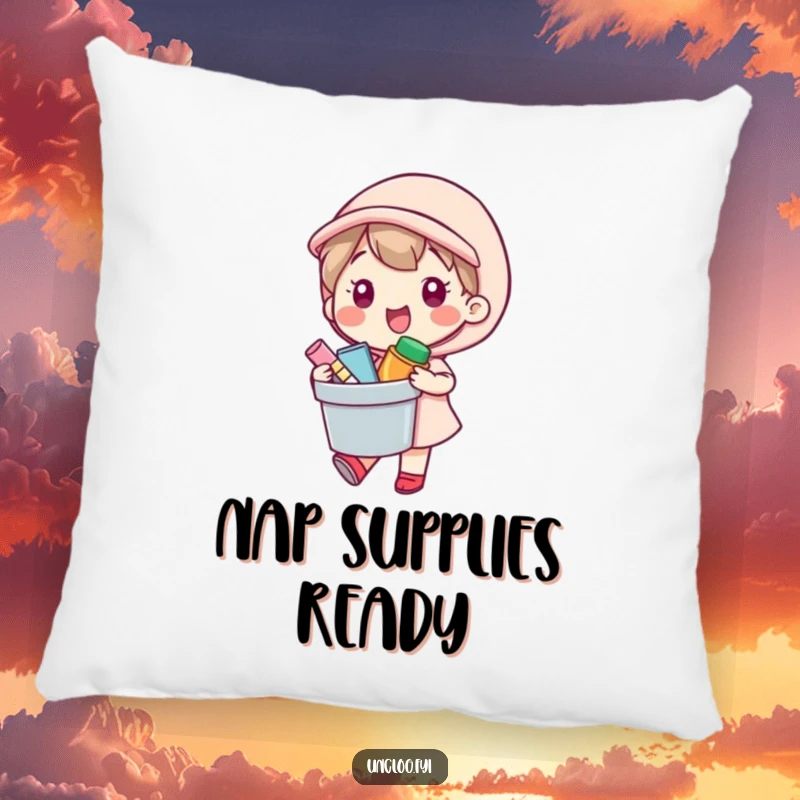 Funny Pillow with a kawaii character happily carrying a bucket of supplies, offering comfort and a dose of humor.