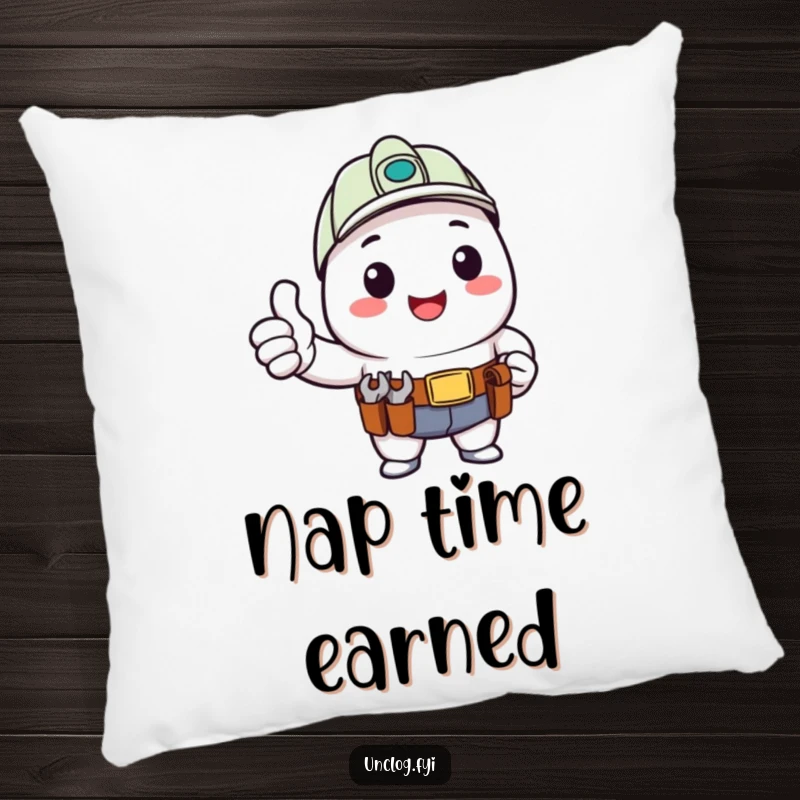 Funny Pillow with a kawaii character giving a happy thumbs up with a tool belt, perfect for comfortable and cheerful lounging.