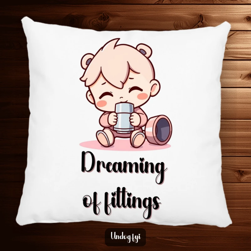 Funny Pillow design showcasing a character proudly holding a shiny pipe fitting, adding a touch of tool-themed humor and comfort to any room.