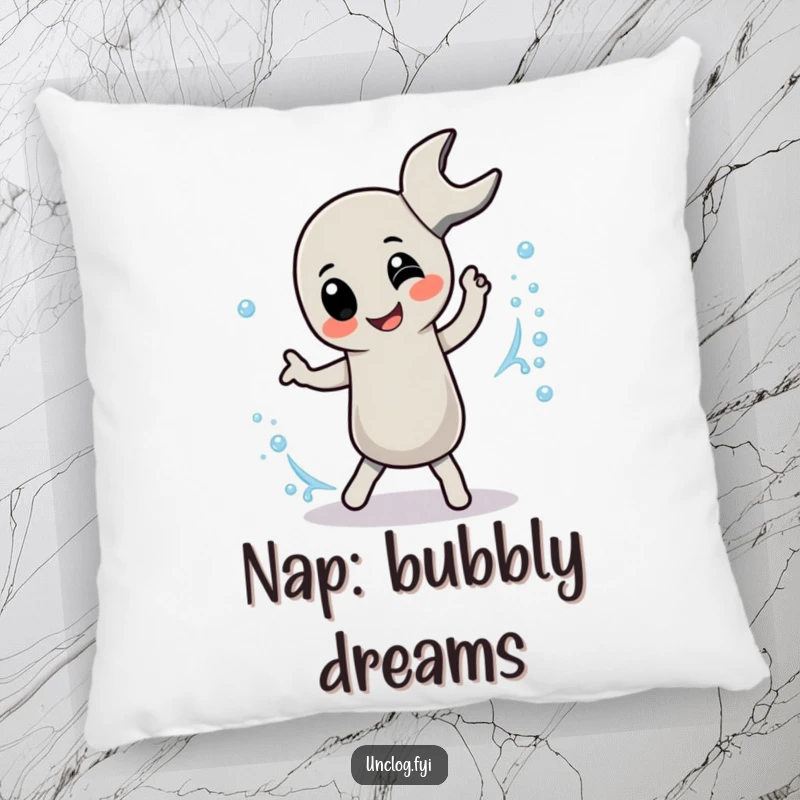 Funny Pillow featuring a pipe wrench character playfully dancing with a bubbly stream, perfect for cozy fun.