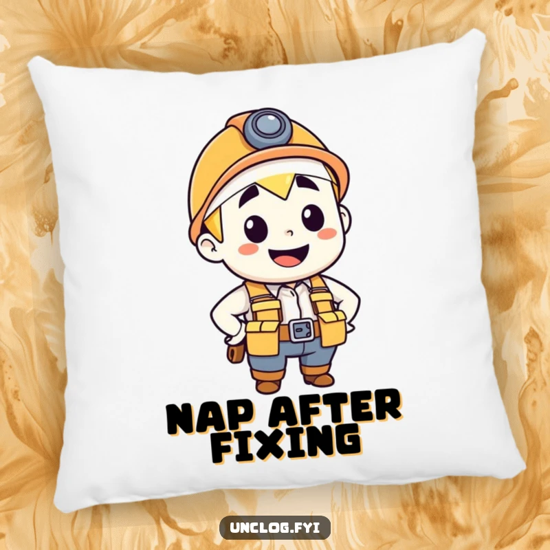 Funny pillow with a design of a confident, smiling plumber character wearing a tool belt, perfect for home decor.