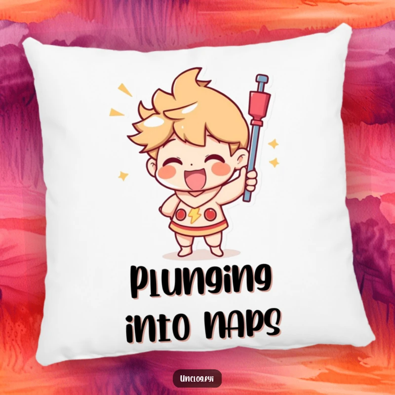Funny pillow with a design of a character joyfully using a plunger with a triumphant look, offering comfort and a humorous statement.