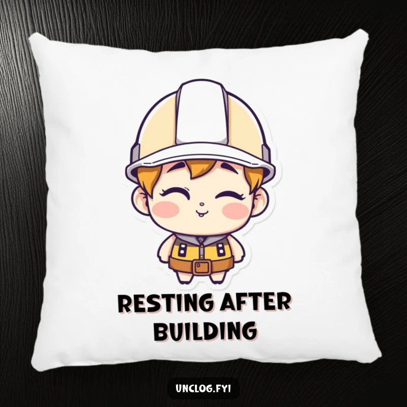 Funny character pillow, wearing a hard hat and winking, offering soft, humorous comfort.