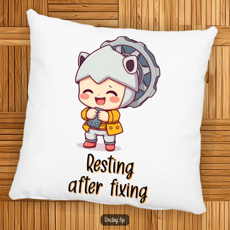 Cute character happily tightening a large bolt featured on a soft, decorative throw pillow.