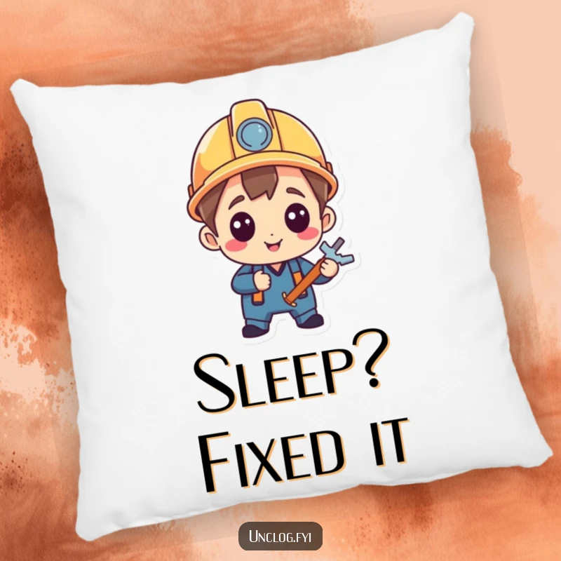 Funny Pillow featuring a character in a hard hat, looking pleased with a repair, offering comfort and a sense of proud achievement.