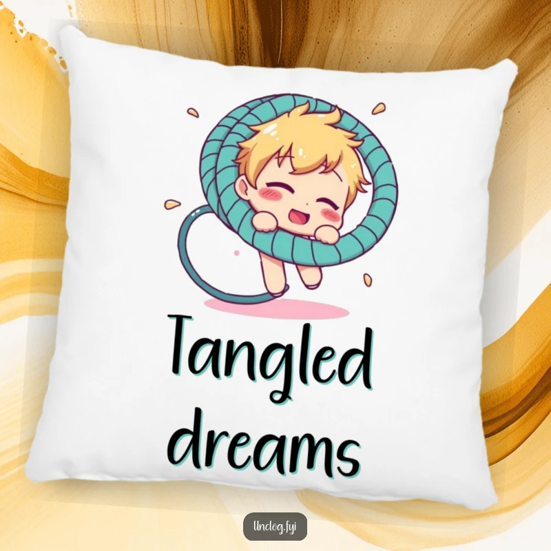 Funny pillow with a character comically tangled in a garden hosepipe, designed for comfort and a touch of humor.