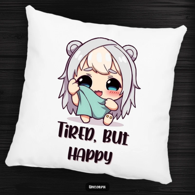 Funny pillow showing a character happily wiping sweat from their brow with a rag, offering comfort and relatable funny vibes.