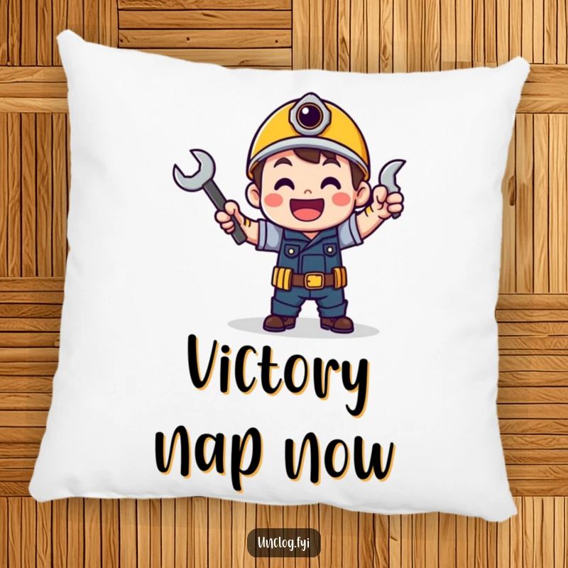 Funny pillow featuring a character doing a victory dance with a wrench, symbolizing achievement and comfort.