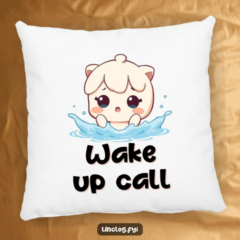 Funny Pillow with a kawaii character looking surprised by a sudden water splash, offering comfort and a dose of humor.