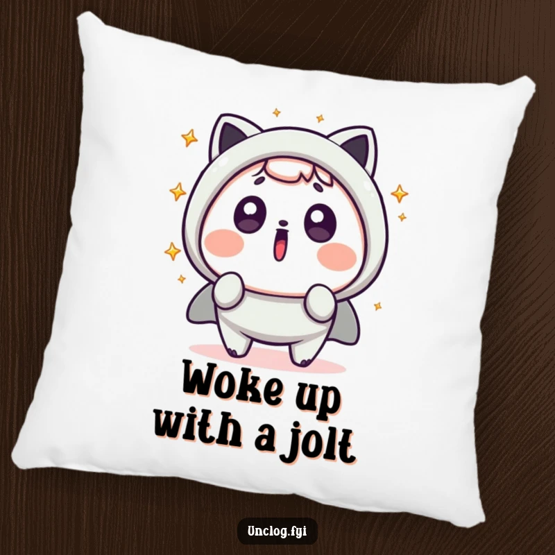 Funny Kawaii Pillow with a cute character expressing shock, surrounded by zany sparks, perfect for adding a humorous touch to any cozy space.