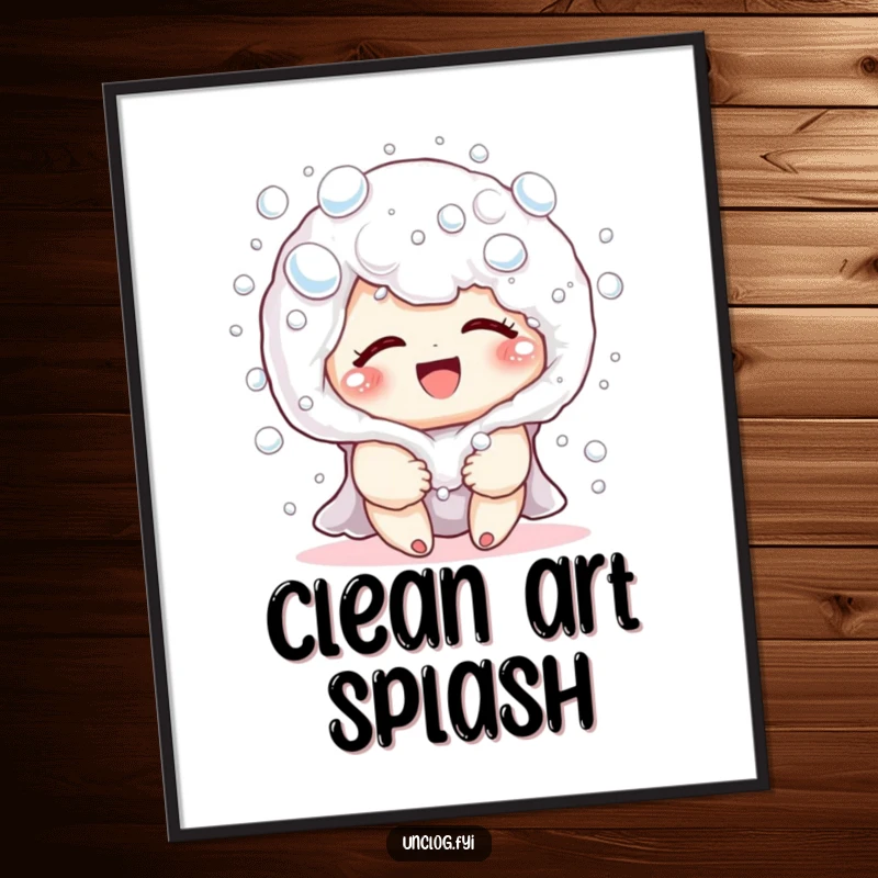 Funny digital art print of a cute character giggling playfully, covered in harmless, sparkling soap bubbles, radiating pure, bubbly happiness.