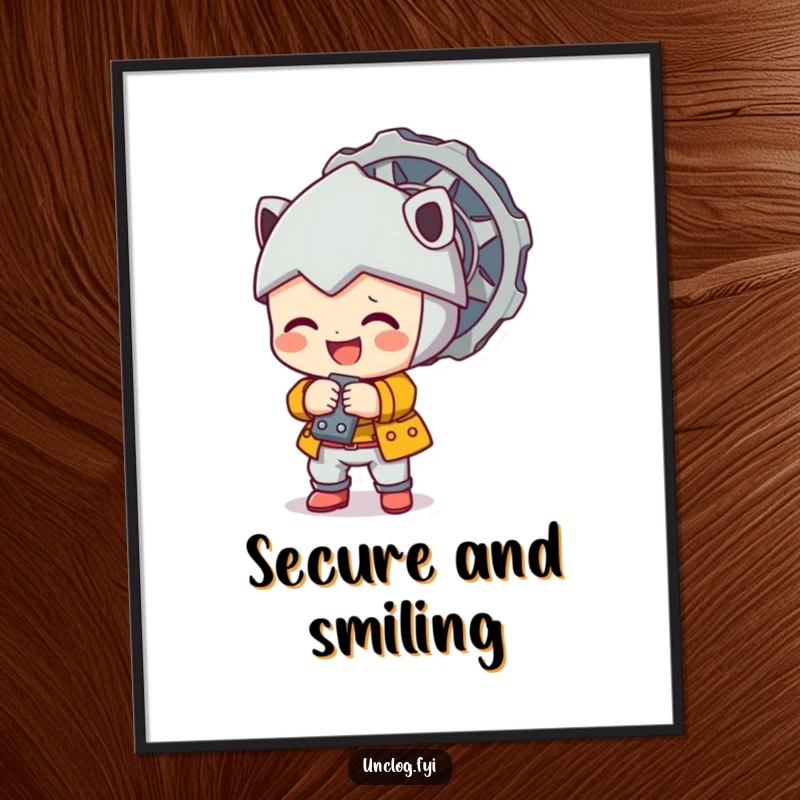 Cute character happily tightening a large bolt as a cheerful digital art print.