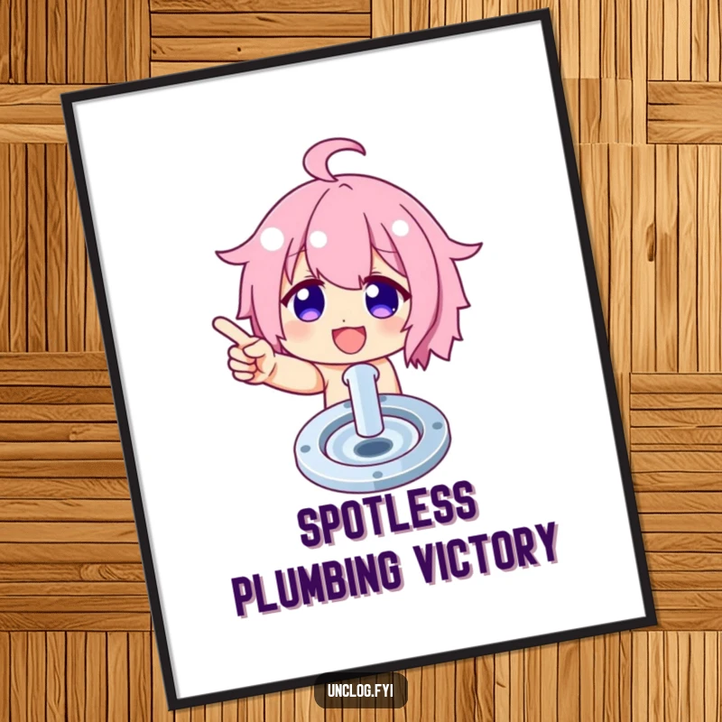 Funny digital art print of a character proudly displaying a perfectly clean drain, celebrating tidiness with humor.